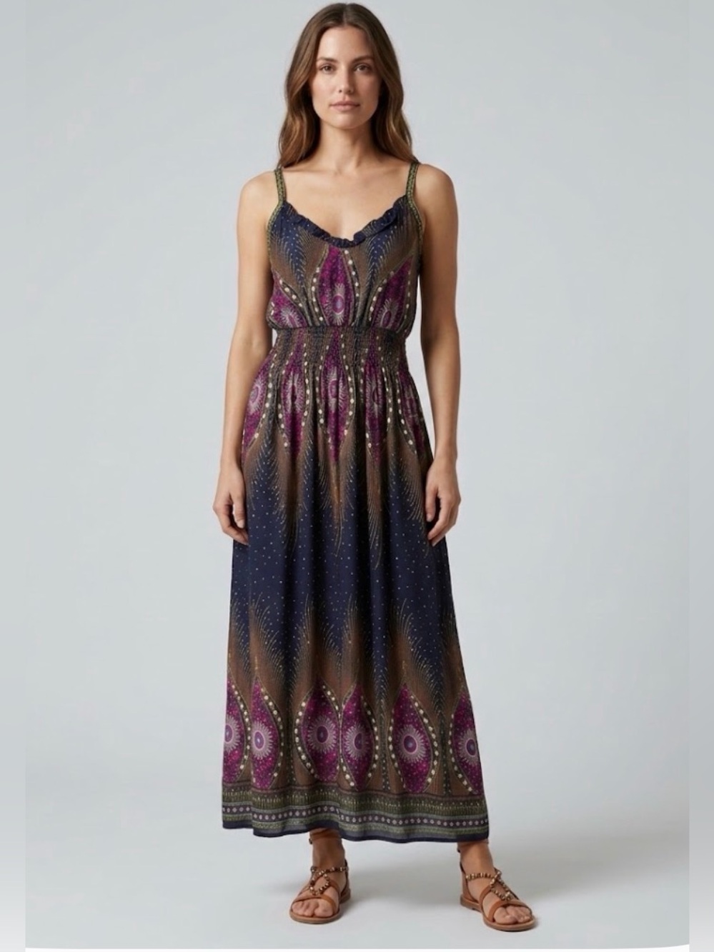 Boho Peacock Feather Print Smocked Maxi‎ Dress Navy Purple Festival Casual M